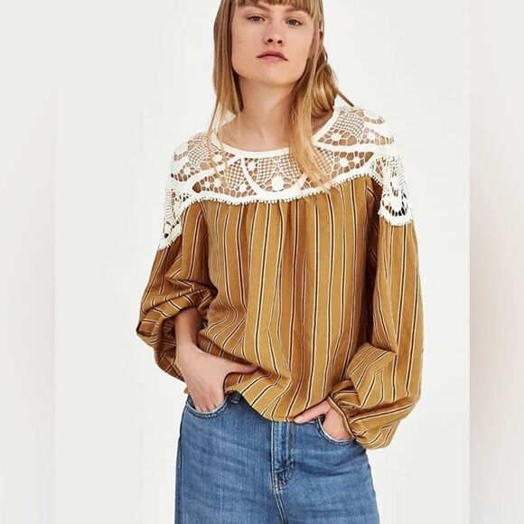 Zara Contrasting Stripe Women’s Top w Crochet Trim - Picture 1 of 7